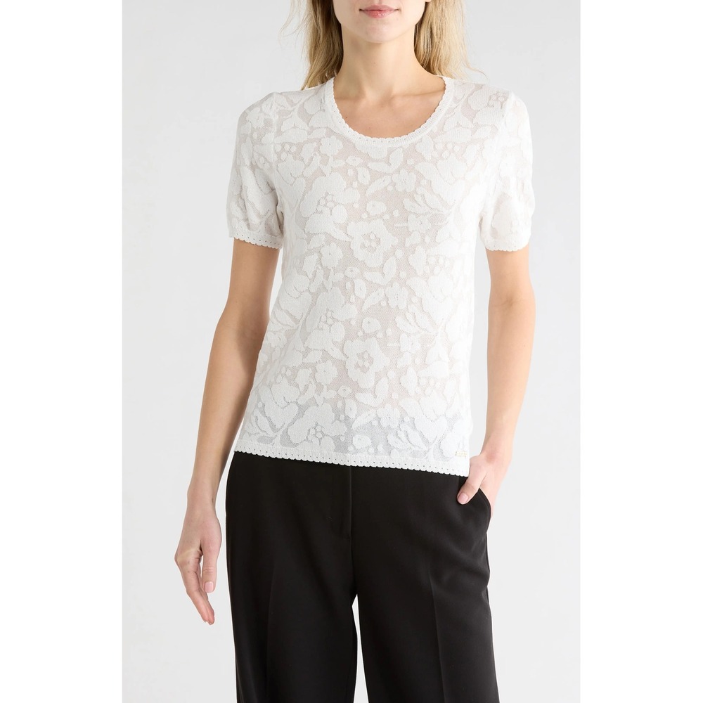 Jason Wu White Burnout Floral Knit Top Short Sleeve Scalloped Trim Size M